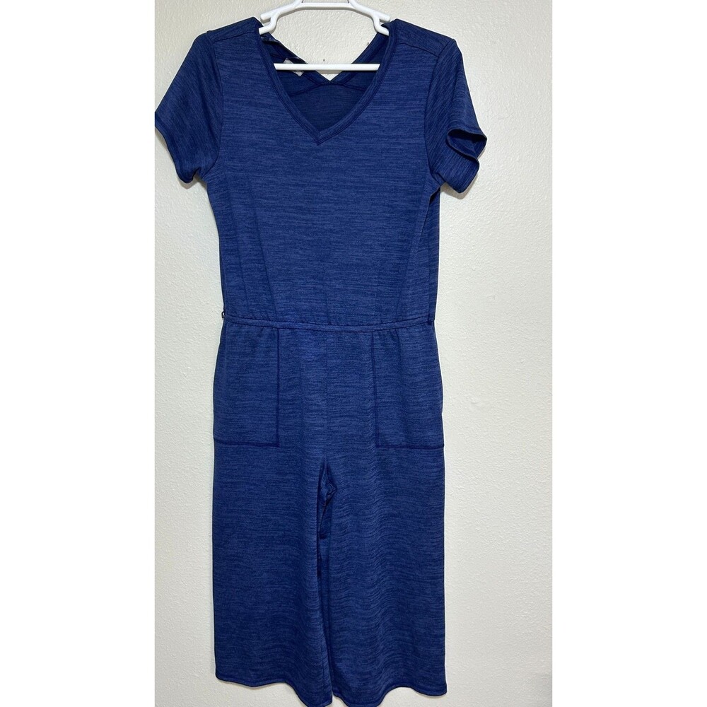 Talbots Jumpsuit Womens L Navy Short Sleeve VNeck Pockets Pull On Wide Leg